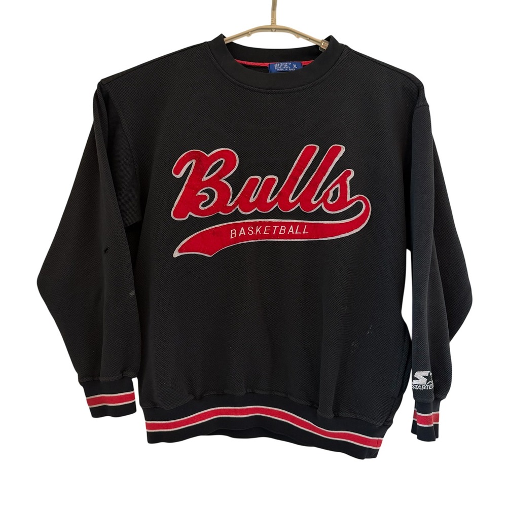 VTG Starter Chicago Bulls NBA 90s Sweatshirt XL Black Waffle Knit Korea READ
